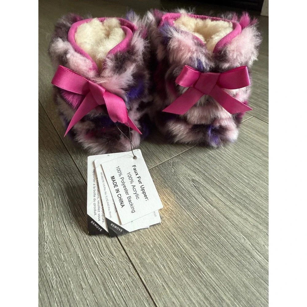 UGG Kids Fuzzy Leopard Print Slippers Boots Pink Purple Sz 4‎